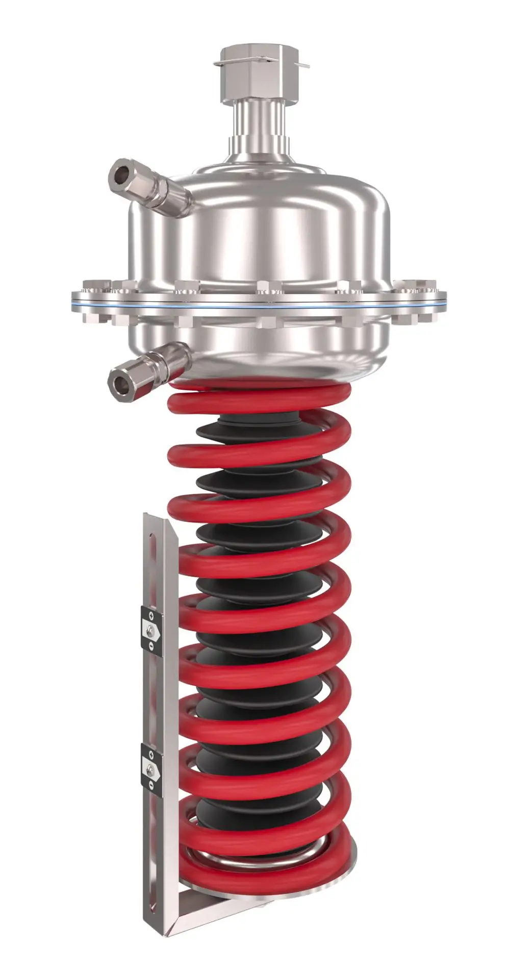 Danfoss-Differenzdruckregler mit Metallgehäuse und rotem Spiralfedermechanismus, geeignet für Druckanwendungen im Bereich von 1,5 bis 5 bar.